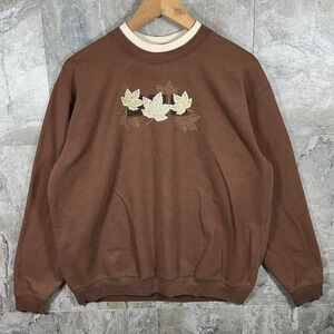 Top stitch Brown crewneck sweatshirt with embroidered leaves  Woman's Size XL